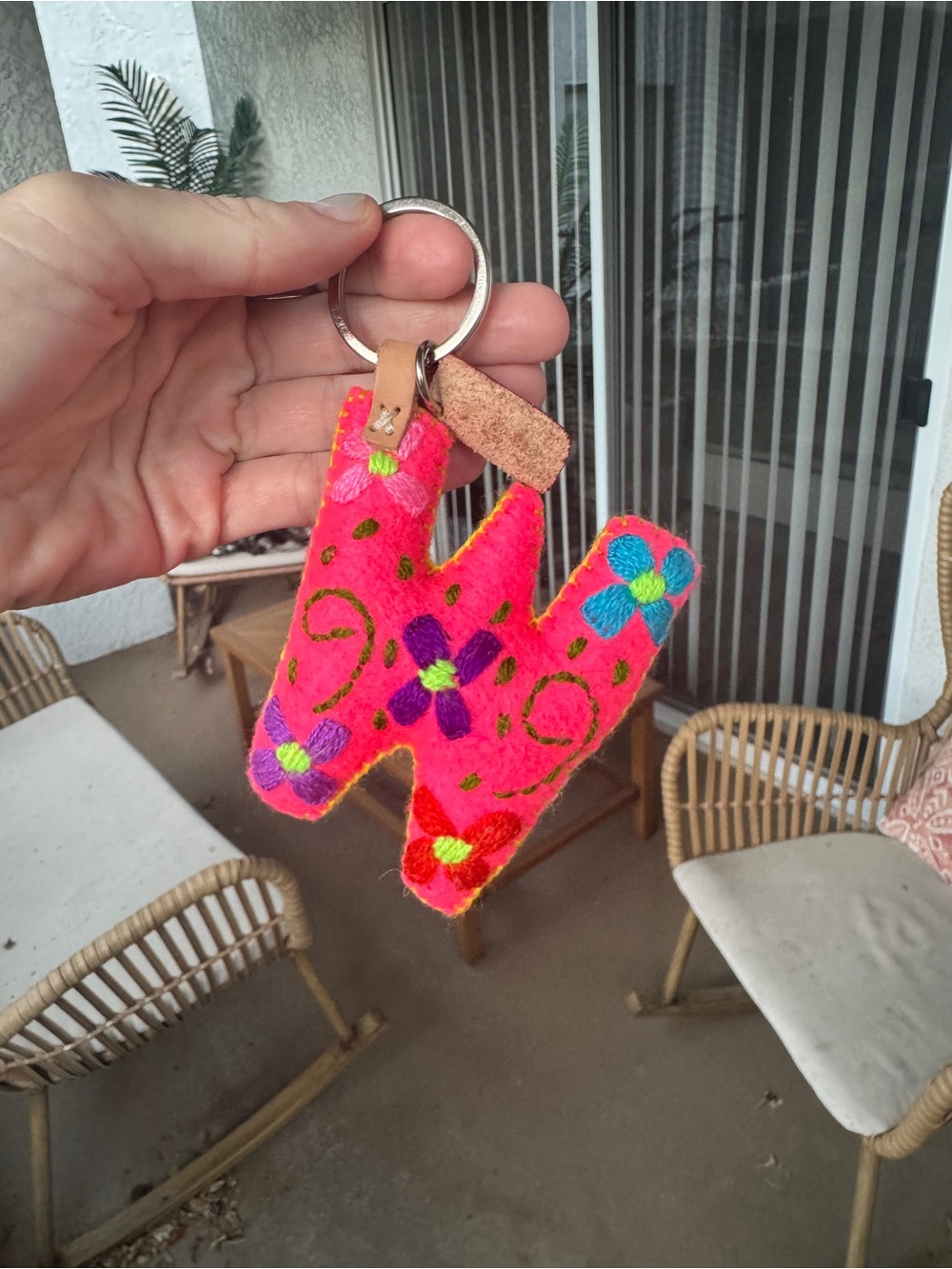 Consuela Pink Felt W Bag Charm Keychain with Embroidered Flowers